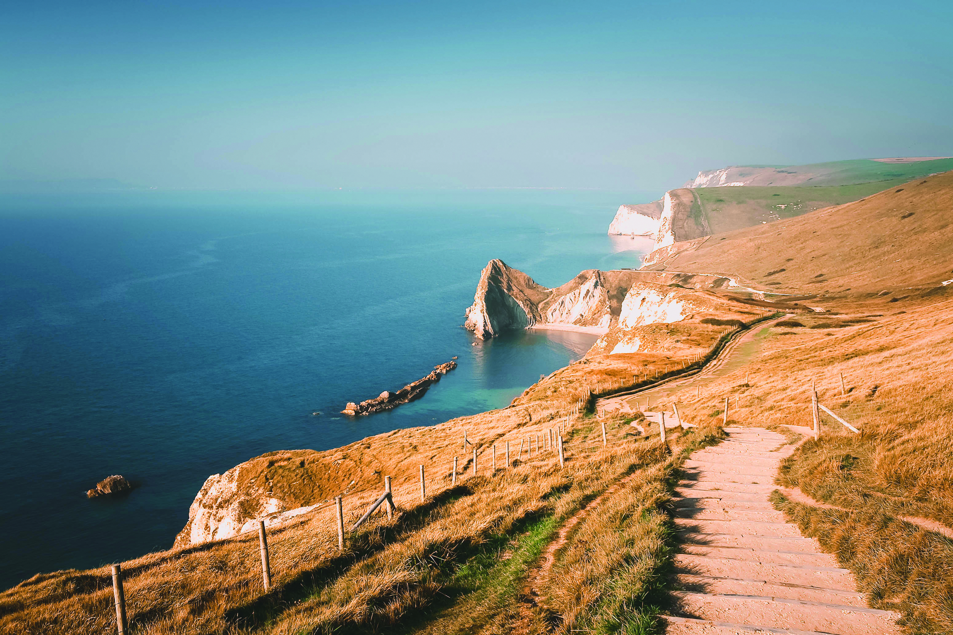 Coast path along Jurassic Coast in Dorset, UK.