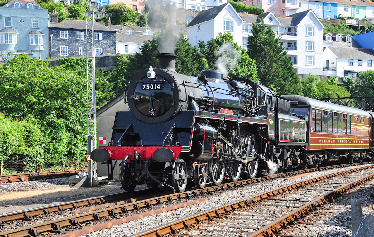 Standard Class 4 steam loco 75014 departing Kingswear, Devon