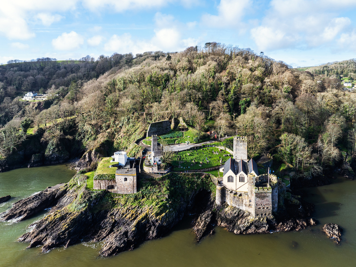 Dartmouth Castle over River Dart from a drone, Dartmouth, Kingswear, Devon, England